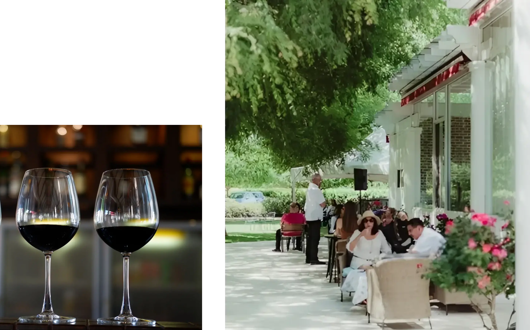 Two red wine glasses and outdoor cafe patio